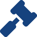 A blue gavel is shown on the black background.